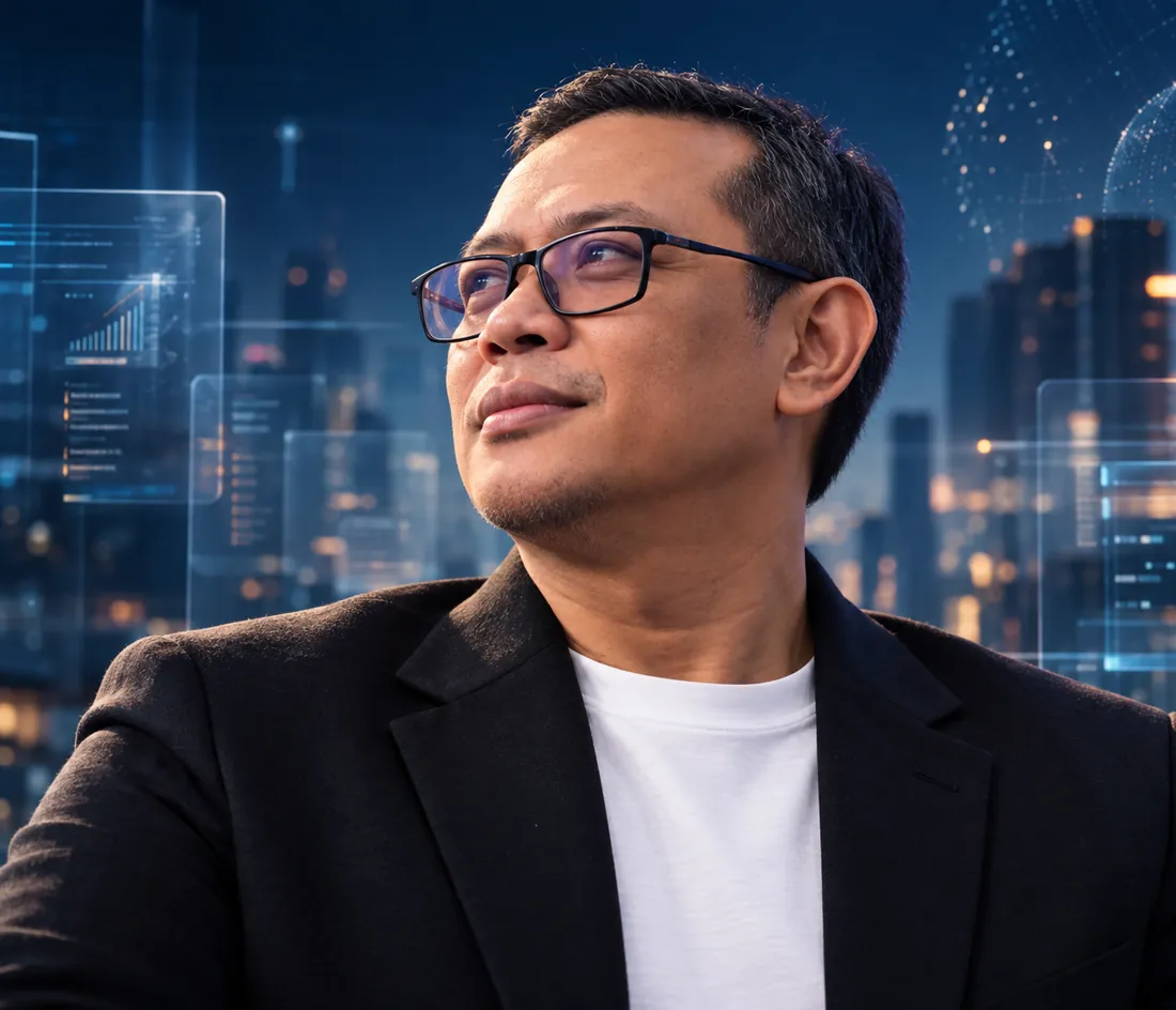 Potret Kang Wendra menatap ke depan dengan latar kota dan antarmuka data